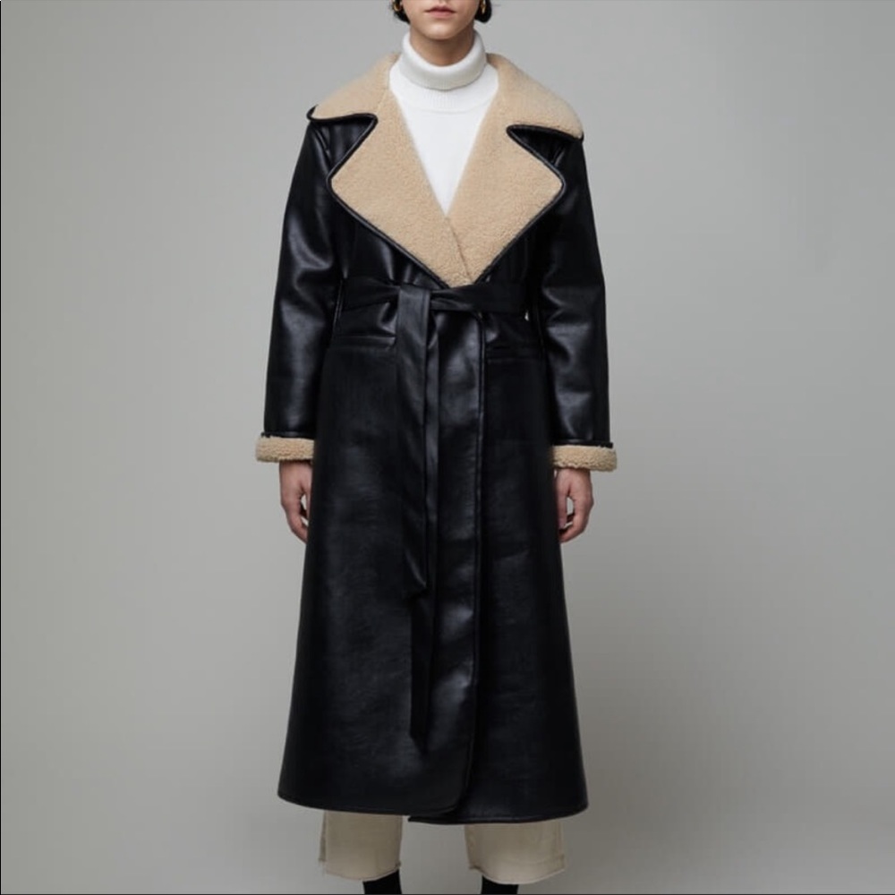 shearling faux leather long coat black/beige